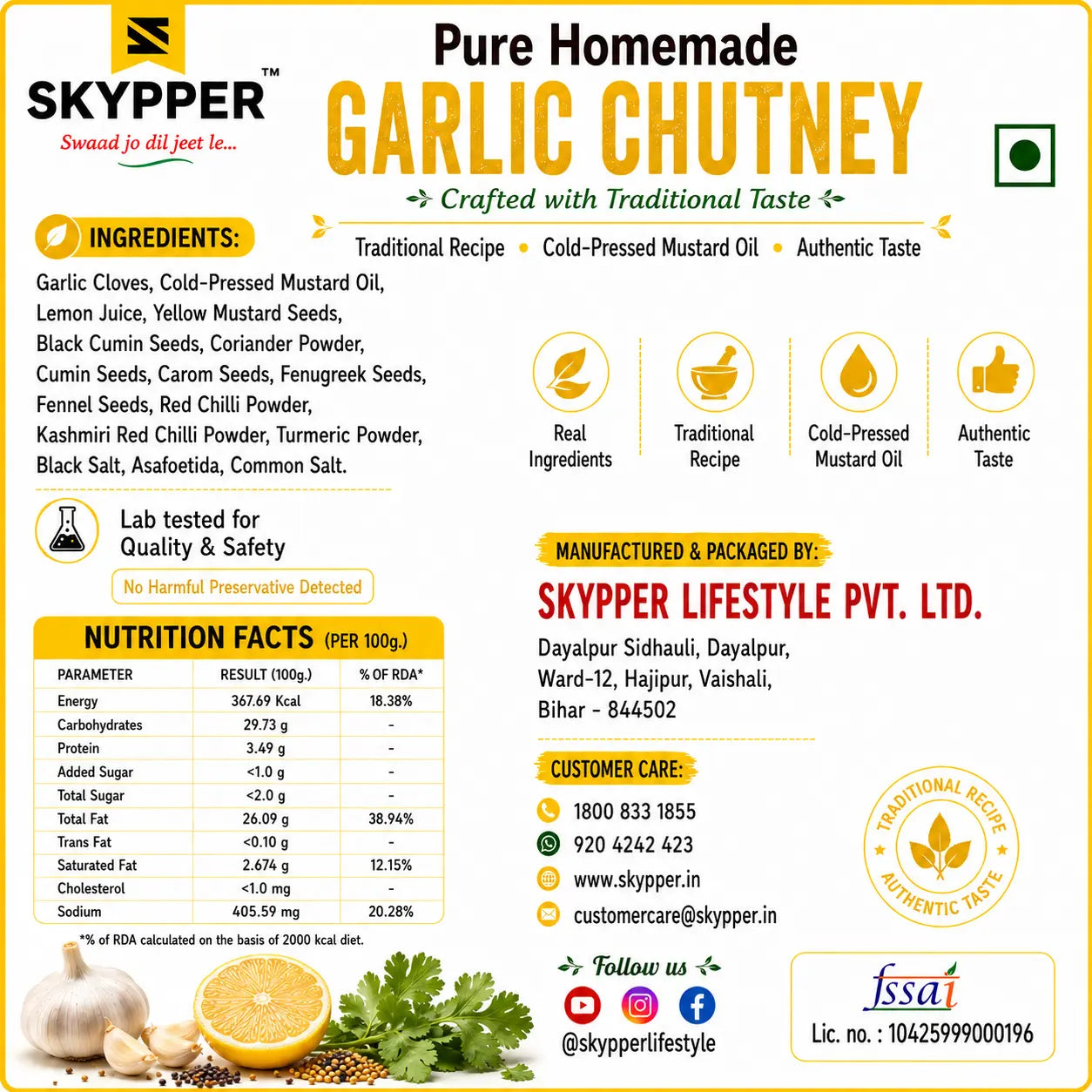 Skyper Garlic Chutney packaging with ingredients, nutrition facts, and contact information.