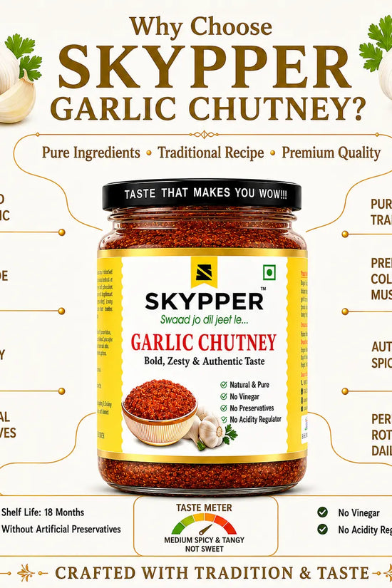 Promotional image of Skypper Garlic Chutney with features and benefits listed.