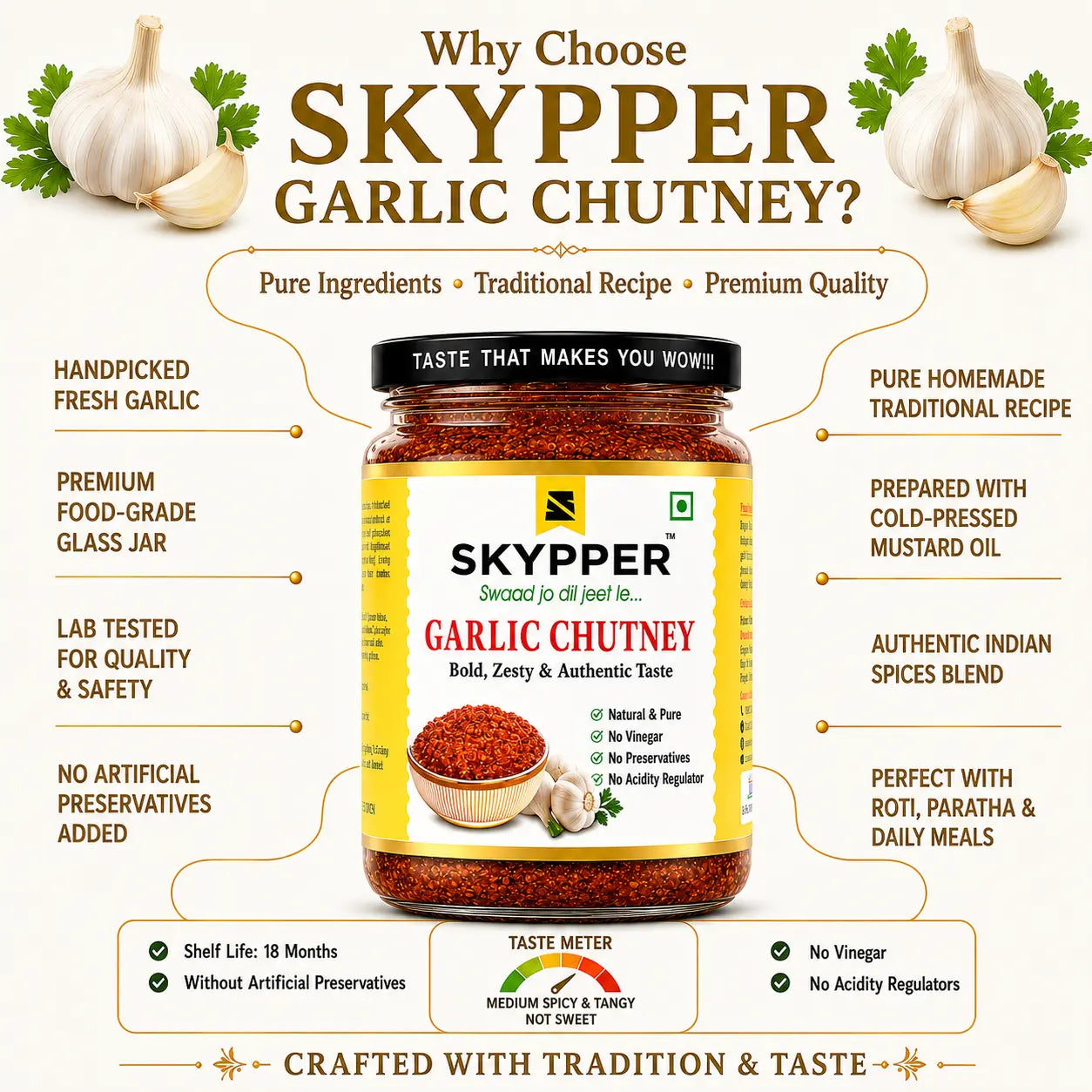 Promotional image of Skypper Garlic Chutney with features and benefits listed.