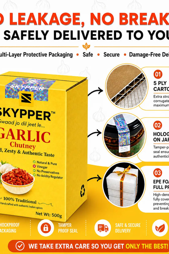SKYPPER Garlic Chutney packaging with safety features highlighted on a white background