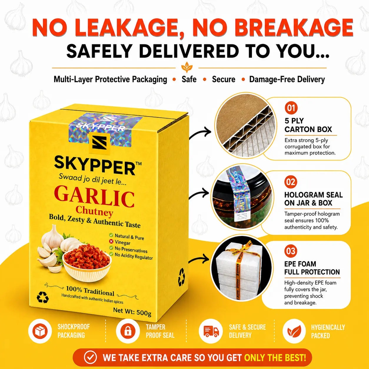SKYPPER Garlic Chutney packaging with safety features highlighted on a white background