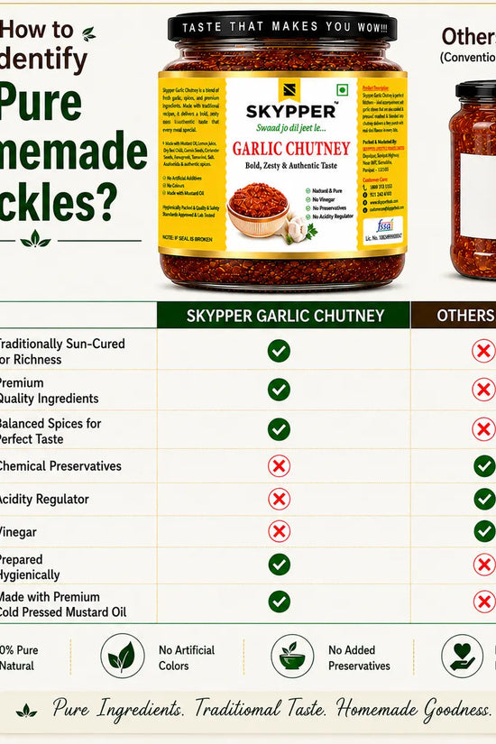 Comparison chart between Skyper Garlic Chutney and other pickles, highlighting pure homemade pickle criteria.