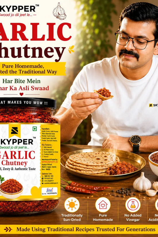 Advertisement for Skypper Garlic Chutney with a man eating chutney and displaying the product.