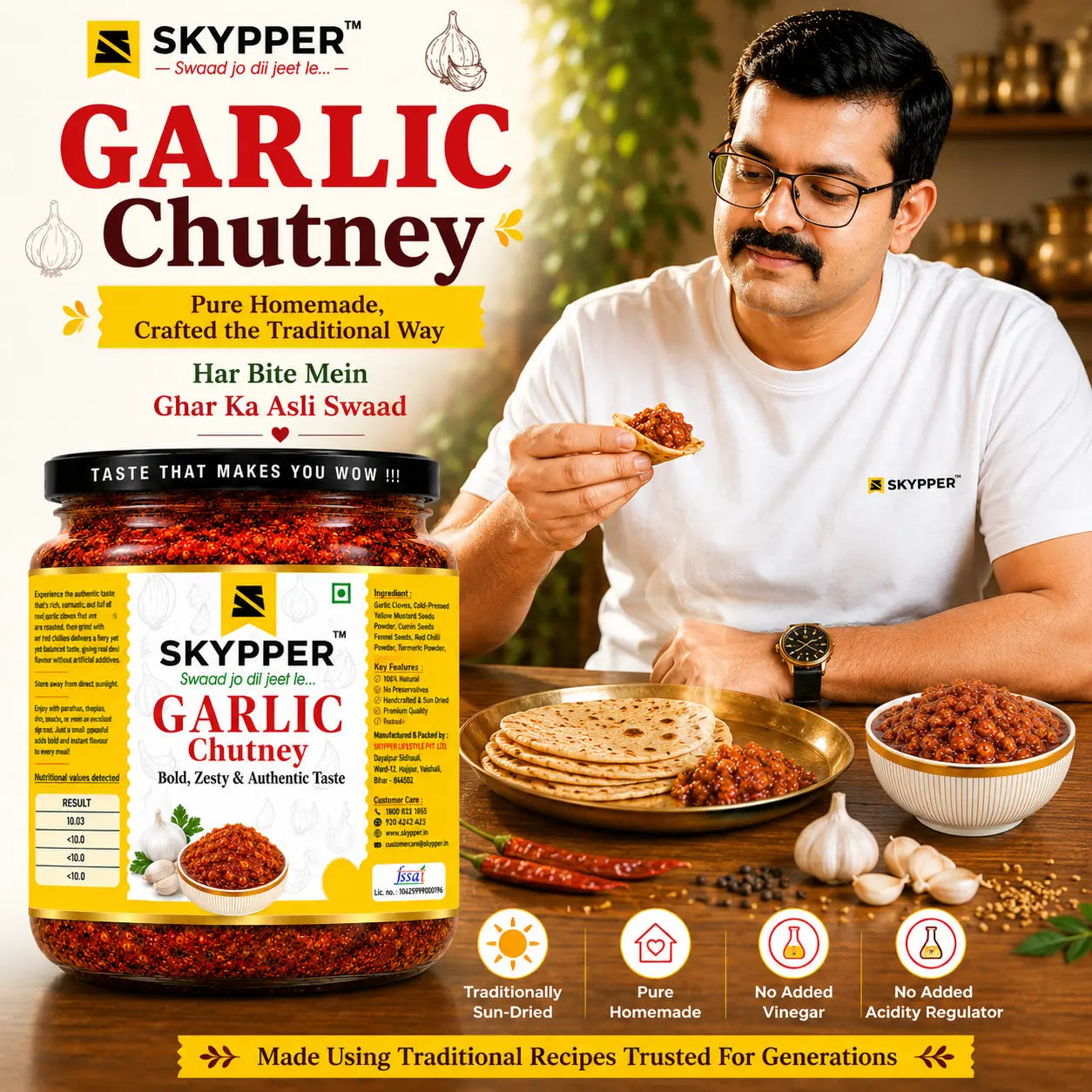 Advertisement for Skypper Garlic Chutney with a man eating chutney and displaying the product.
