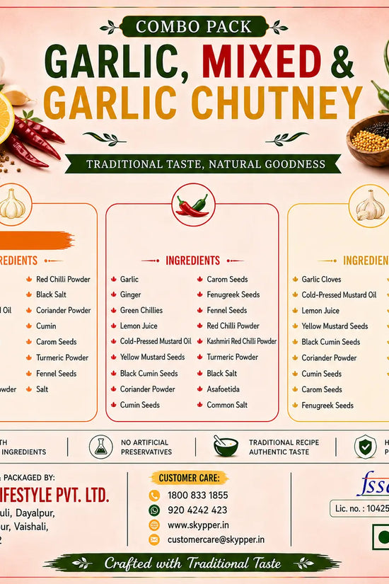 Combo pack of garlic and garlic chutney with ingredients list and branding details.
