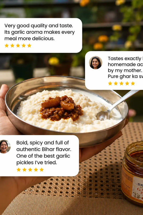 Person holding a bowl of food with a jar of pickles and reviews displayed.