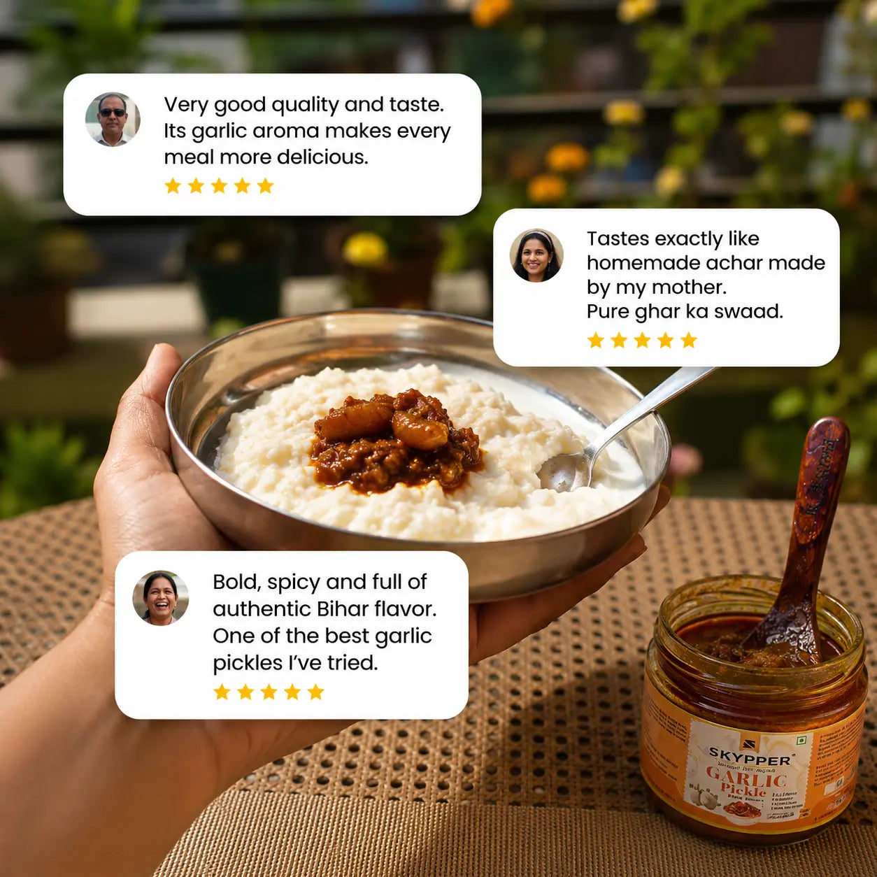 Person holding a bowl of food with a jar of pickles and reviews displayed.