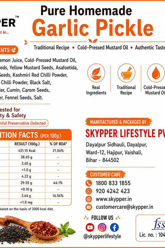 Skyper Garlic Pickle packaging with ingredients, nutrition facts, and contact information.