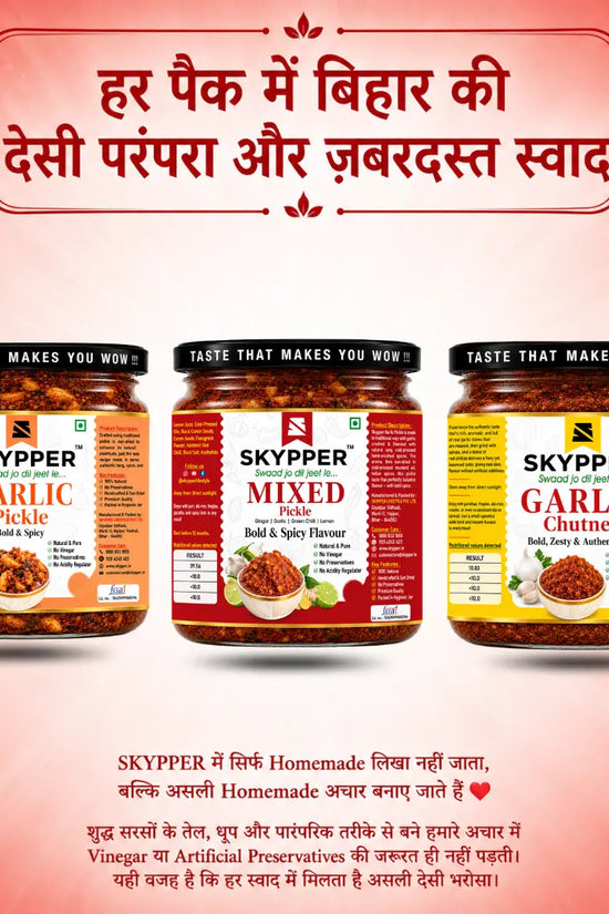 Three jars of Skypper pickles on a pink background with text.