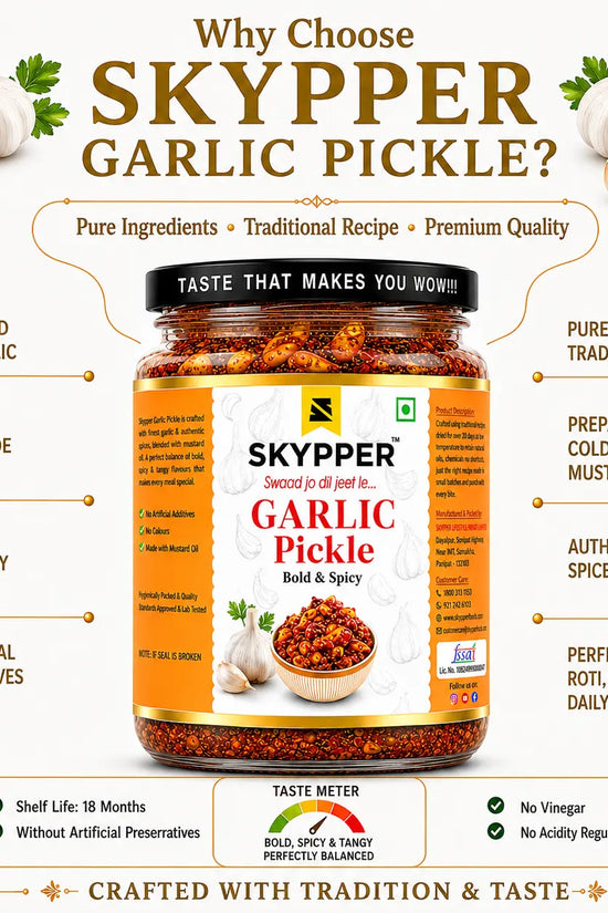 Promotional image of Skyper Garlic Pickle with features listed on a white background.