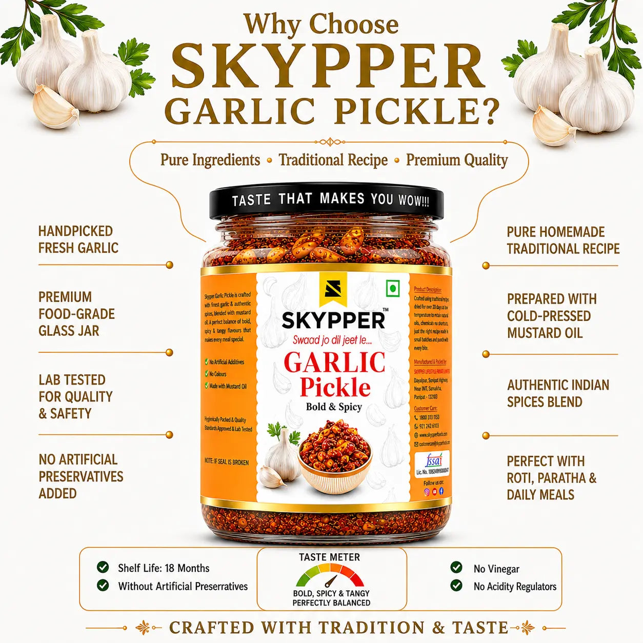 Promotional image of Skyper Garlic Pickle with features listed on a white background.