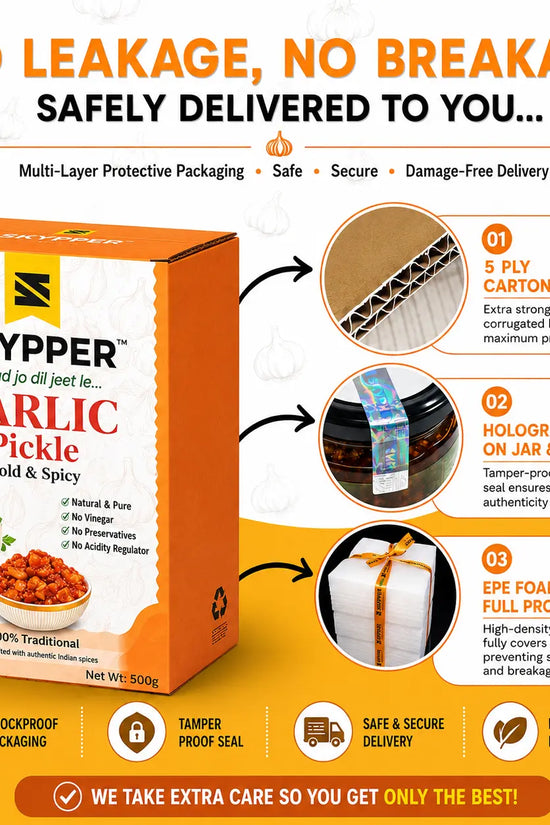 Skyper Garlic Pickle packaging with safety features highlighted on a white background