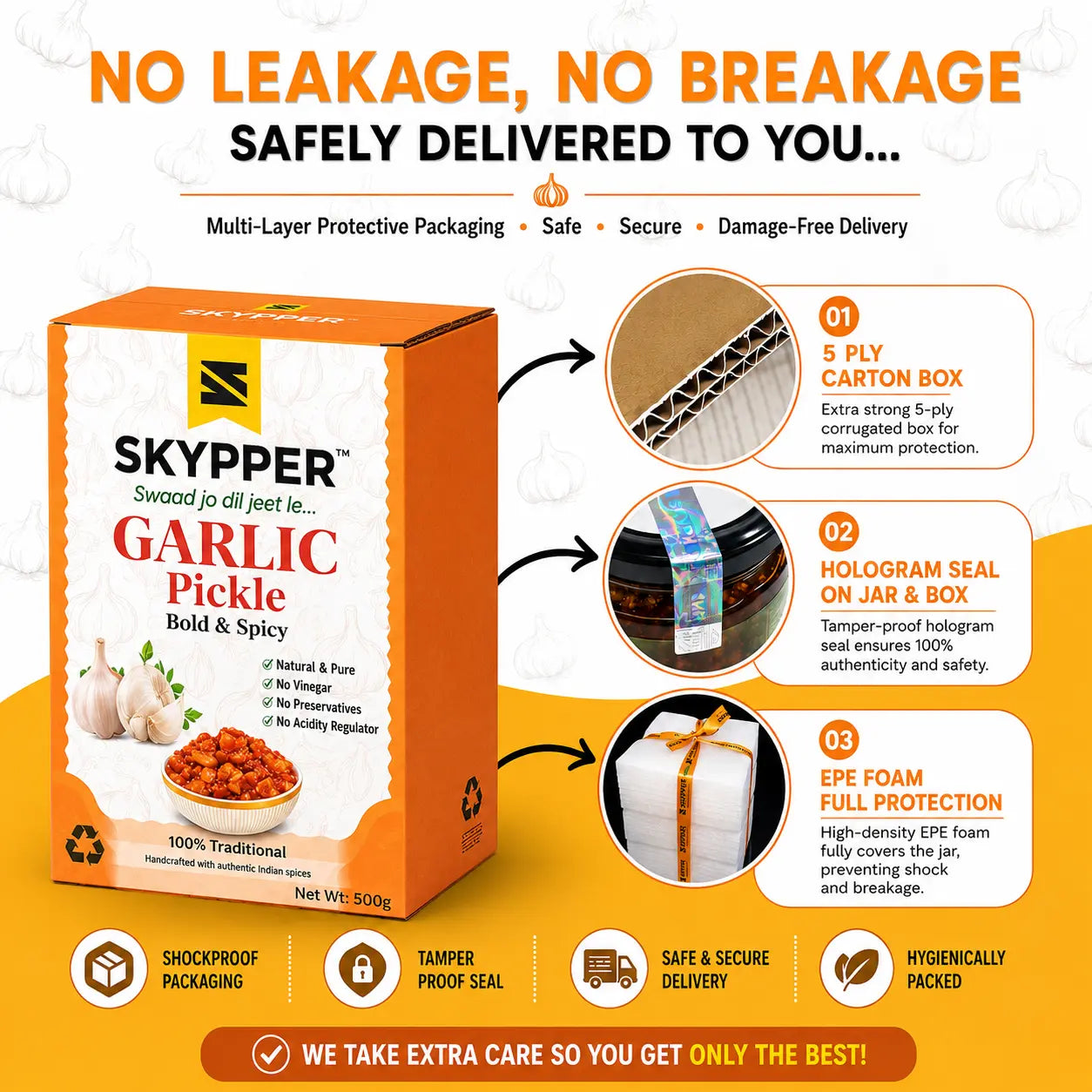 Skyper Garlic Pickle packaging with safety features highlighted on a white background