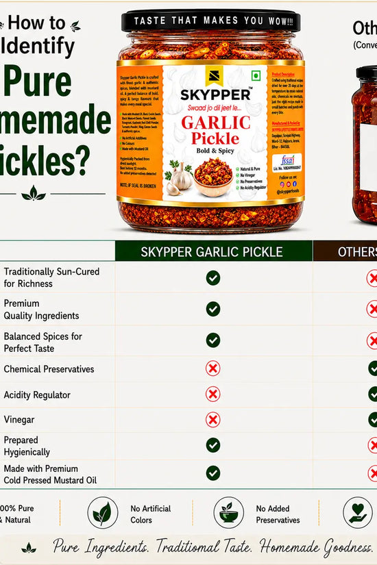 Comparison chart of Skypper Garlic Pickle with conventional pickles on a light beige background.