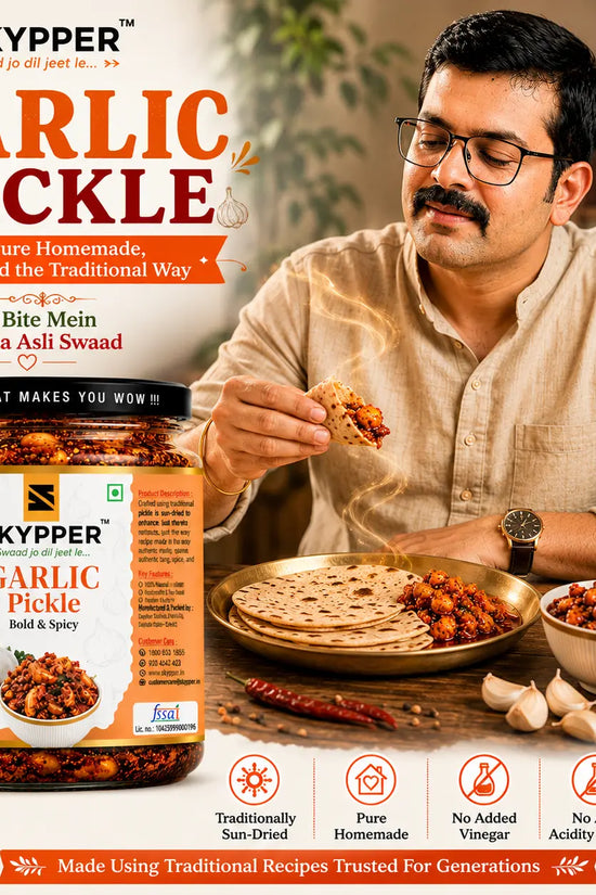 Advertisement for Skyppeer Garlic Pickle with a man eating garlic pickle with roti.