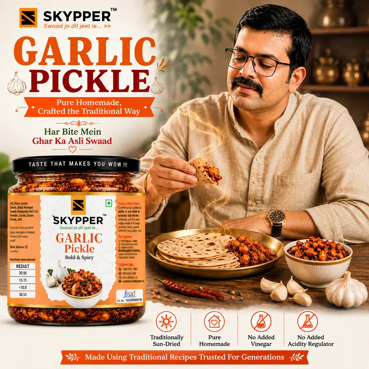 Advertisement for Skyppeer Garlic Pickle with a man eating garlic pickle with roti.