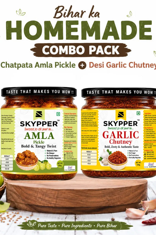 Homemade Amla Pickle and Garlic Chutney combo pack by Skypper displayed in glass jars with traditional Bihar flavors, no preservatives, no vinegar, and authentic homemade taste.