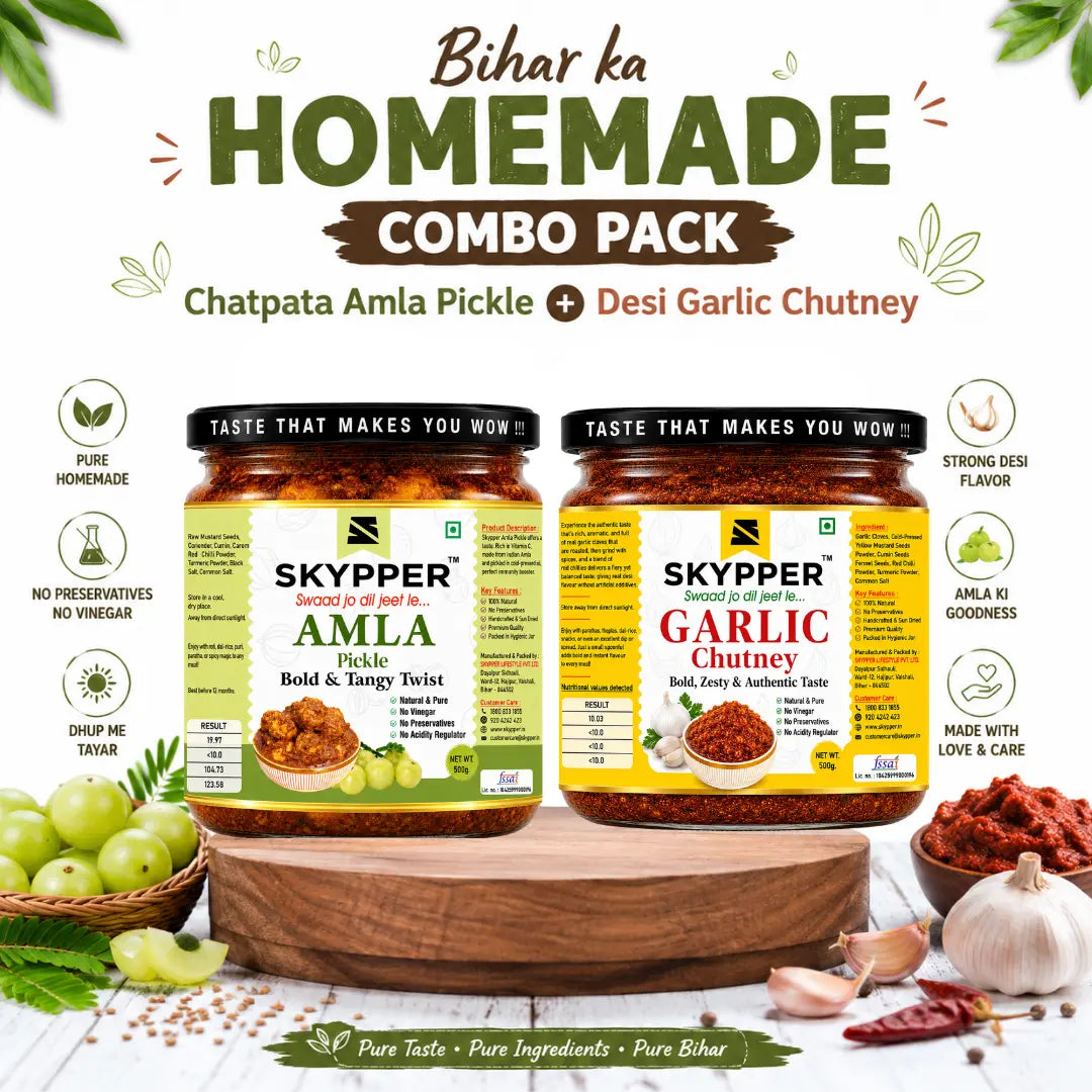 Homemade Amla Pickle and Garlic Chutney combo pack by Skypper displayed in glass jars with traditional Bihar flavors, no preservatives, no vinegar, and authentic homemade taste.