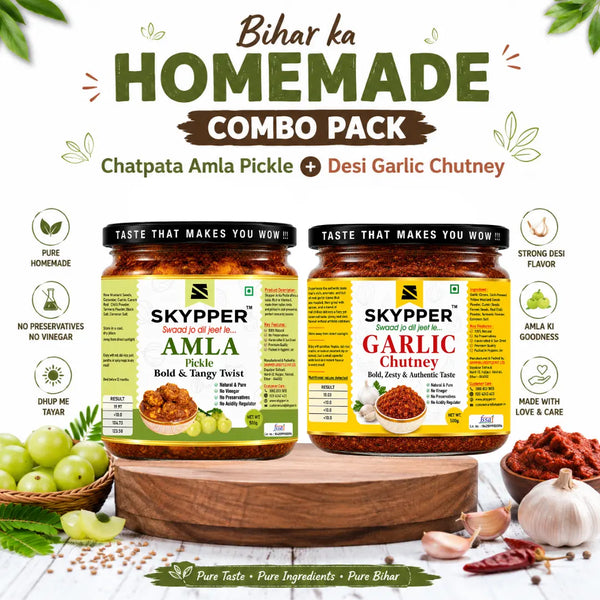 Homemade Amla Pickle and Garlic Chutney combo pack by Skypper displayed in glass jars with traditional Bihar flavors, no preservatives, no vinegar, and authentic homemade taste.