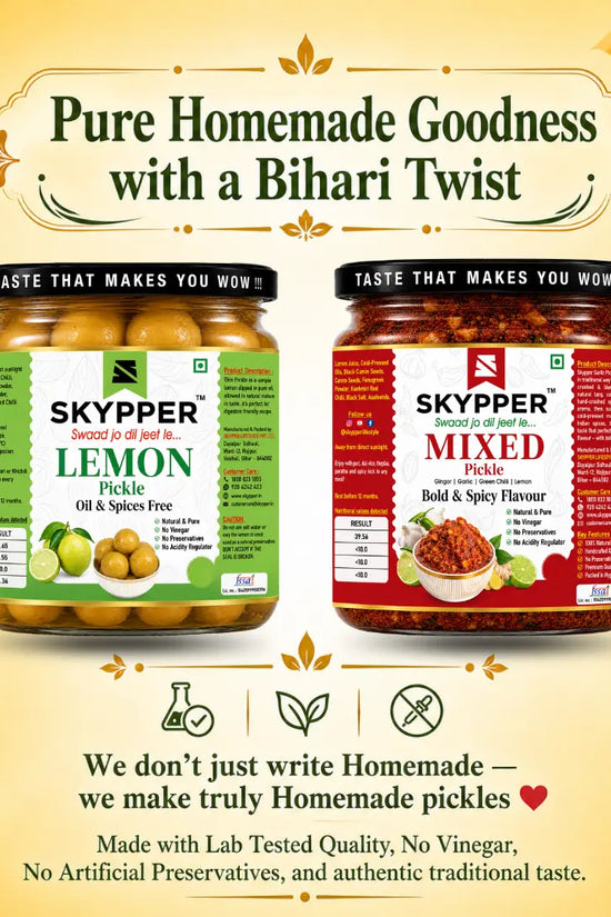 Two jars of Skyppeer pickles on a yellow background with decorative elements.