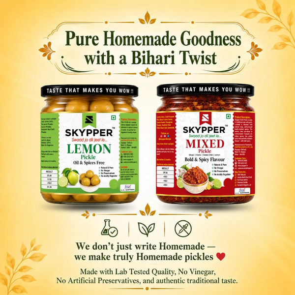 Two jars of Skyppeer pickles on a yellow background with decorative elements.