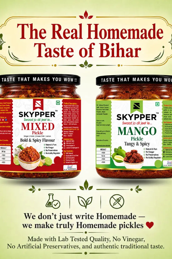 Two jars of Skypper pickles on a green background with text about the real homemade taste of Bihar.