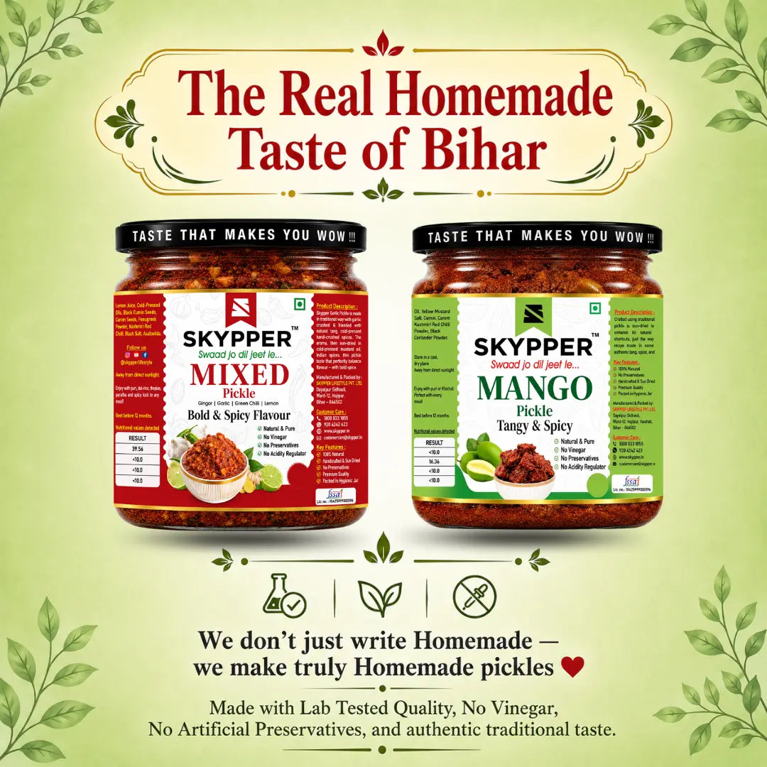 Two jars of Skypper pickles on a green background with text about the real homemade taste of Bihar.