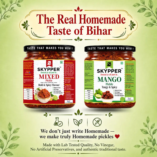 Two jars of Skypper pickles on a green background with text about the real homemade taste of Bihar.
