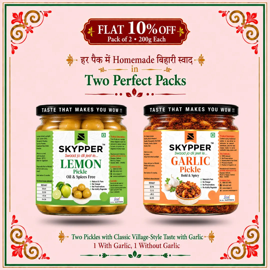 Two jars of Skypper pickles on a promotional poster with text and decorative elements.