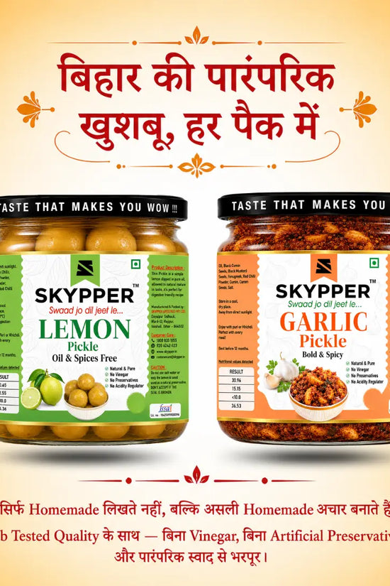 Two jars of Skypper pickles on a gradient background with text.
