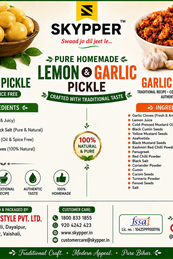 Advertisement for Skyyper lemon and garlic pickle with ingredients and branding details.