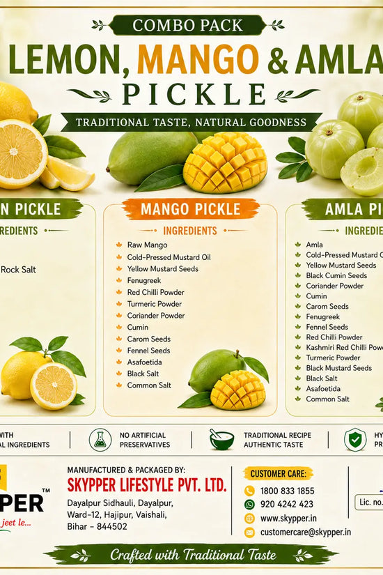 Combo pack of lemon, mango, and amla pickle with ingredients listed on a white background.
