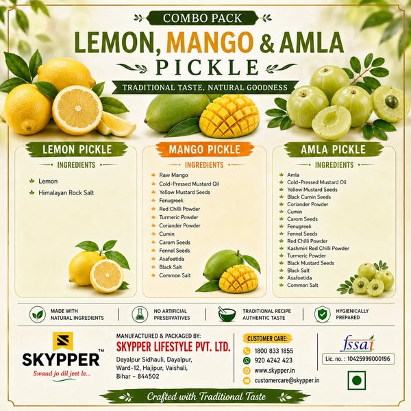 Combo pack of lemon, mango, and amla pickle with ingredients listed on a white background.