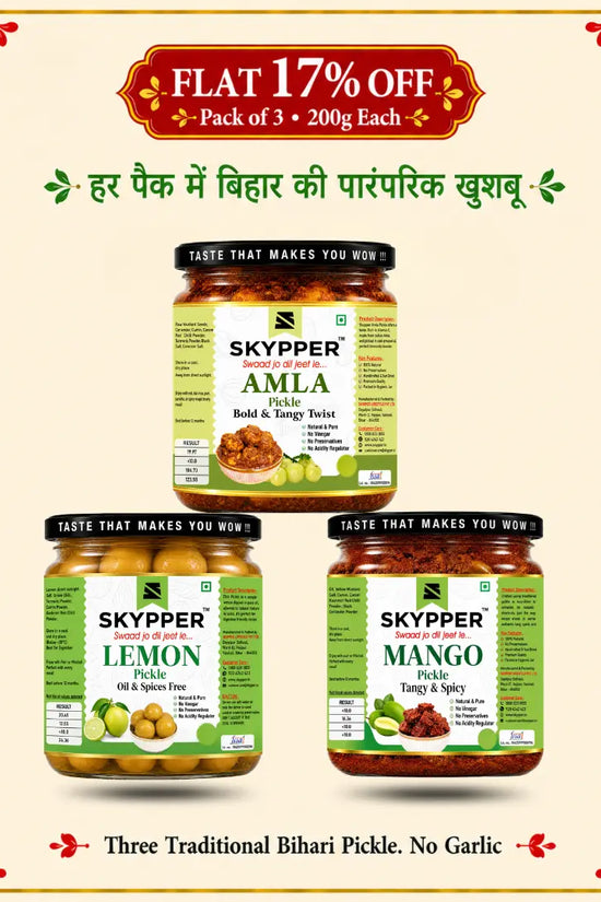 Three jars of Skypper pickles with promotional text on a decorative background