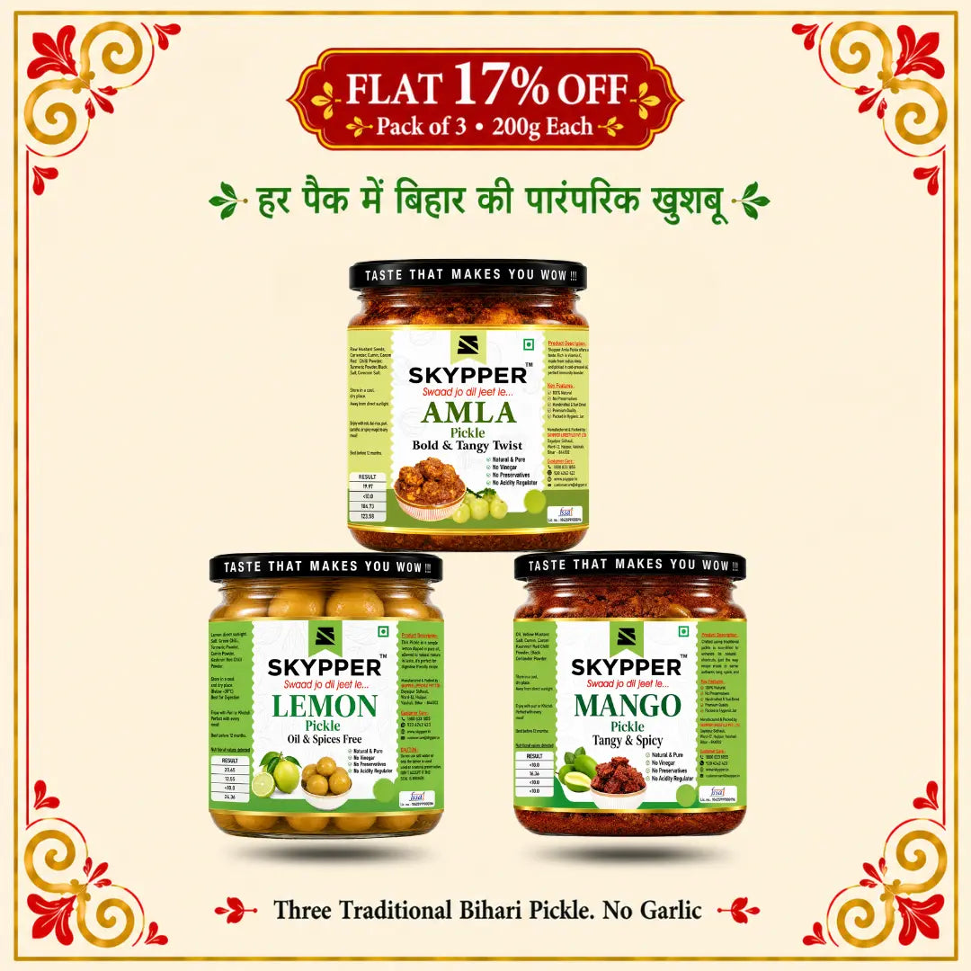 Three jars of Skypper pickles with promotional text on a decorative background