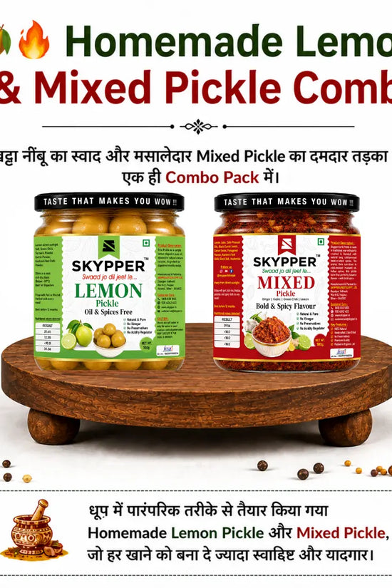 Two jars of Skypper Lemon and Mixed Pickle on a wooden stand with text about the combo pack.