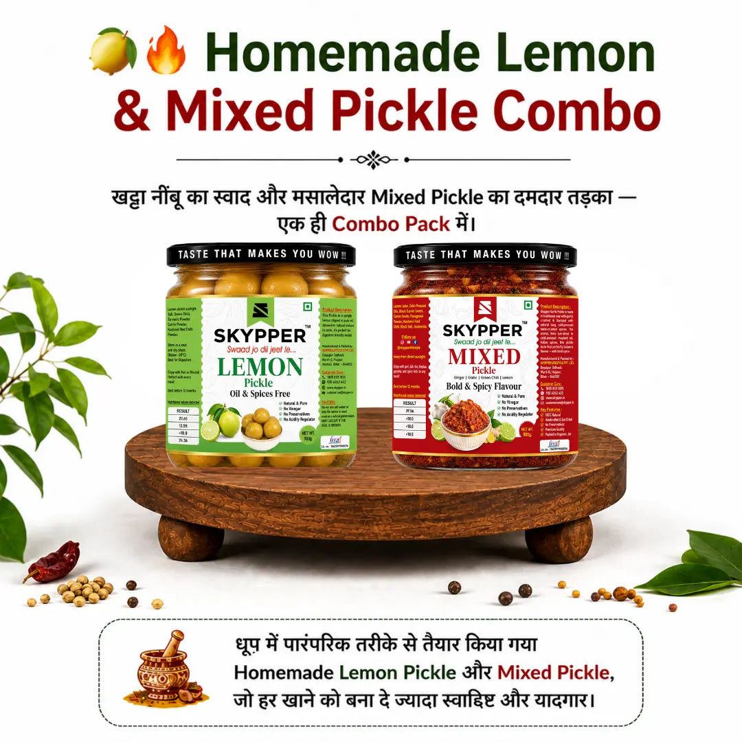 Two jars of Skypper Lemon and Mixed Pickle on a wooden stand with text about the combo pack.