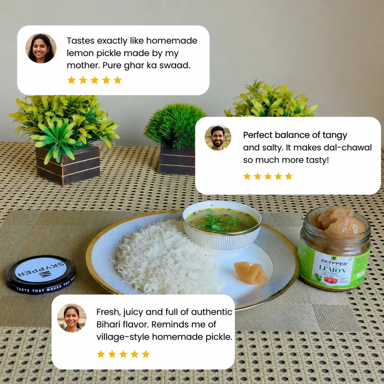 Table setting with rice, soup, and a jar of Skyyer Lemon on a textured surface with plant decorations.