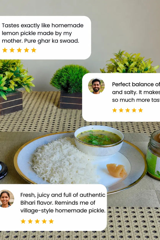Table setting with rice, soup, and a jar of Skyyer Lemon on a textured surface with plant decorations.