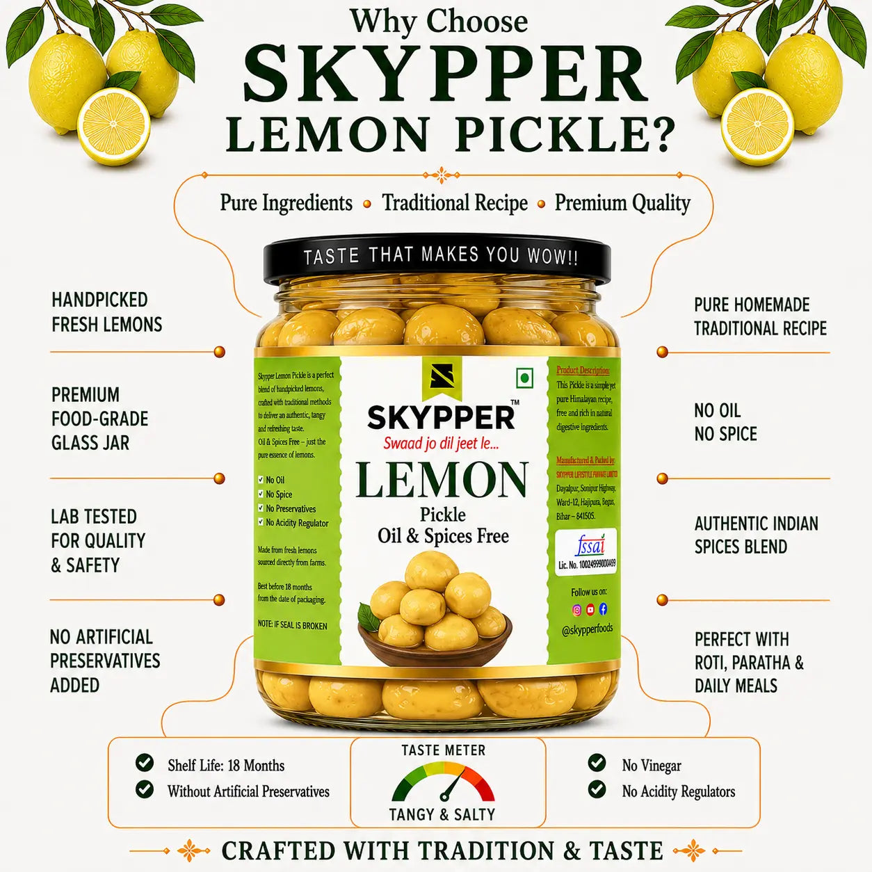 Promotional graphic for Skypper Lemon Pickle with jar and lemon illustrations.