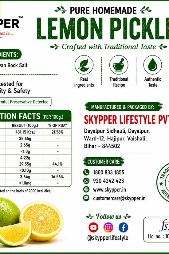Label for Skypper Pure Homemade Lemon Pickle with ingredients, nutrition facts, and branding details.