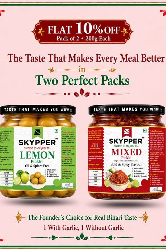 Skypper Home-Made Lemon & Mixed Pickle Combo Pack | Traditional Bihari Achar | Food Grade Glass Jars | 200g x 2