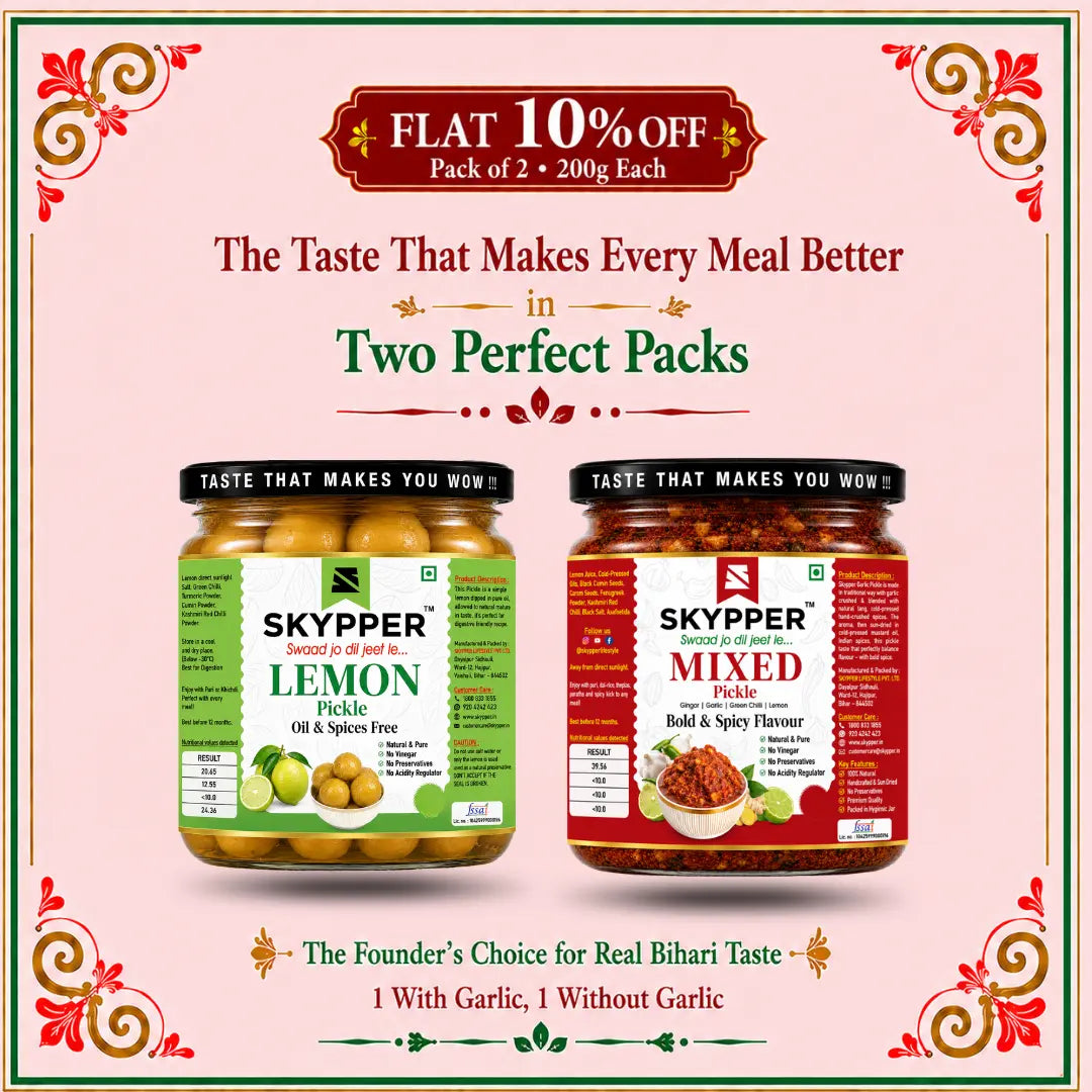 Skypper Home-Made Lemon & Mixed Pickle Combo Pack | Traditional Bihari Achar | Food Grade Glass Jars | 200g x 2