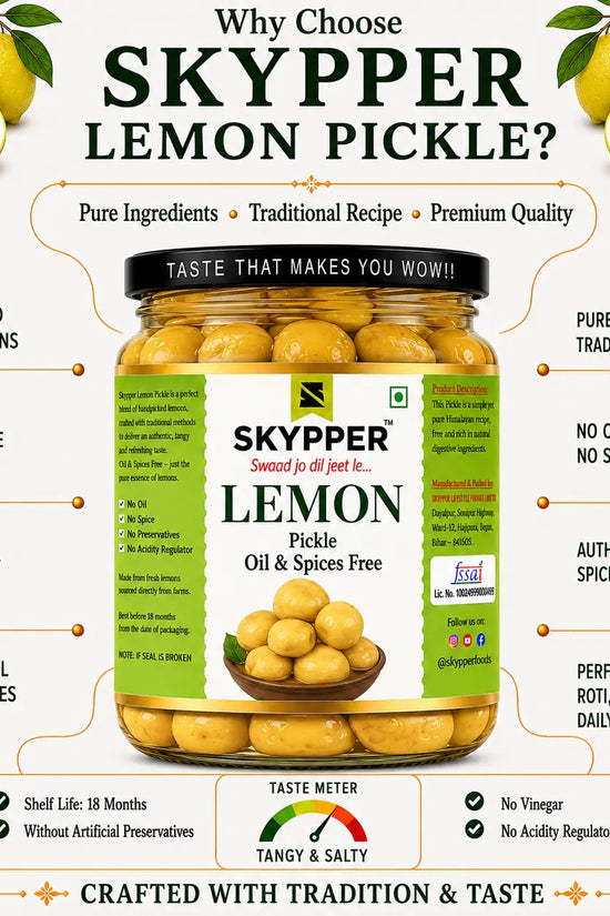Promotional graphic for Skypper Lemon Pickle with jar and lemon illustrations.