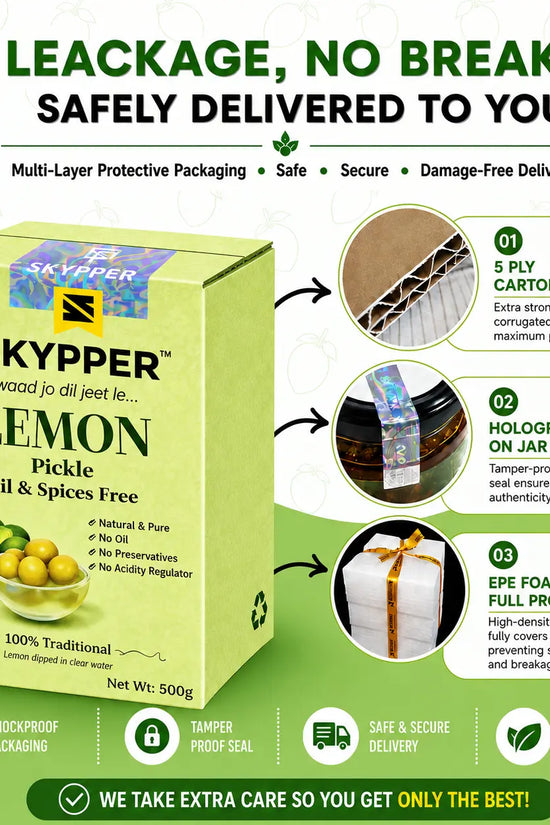 Skypper lemon pickle packaging with safety features and branding details.