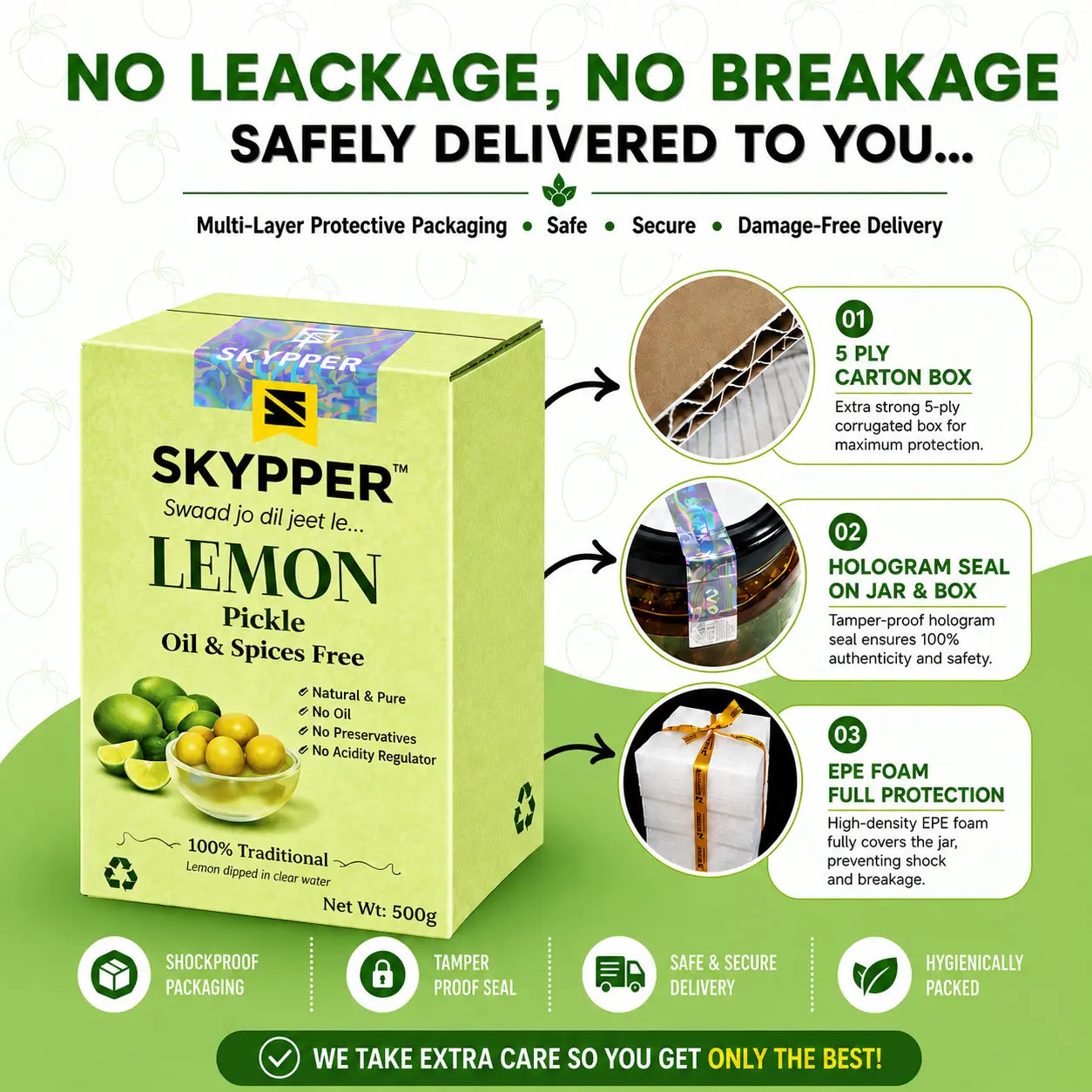 Skypper lemon pickle packaging with safety features and branding details.