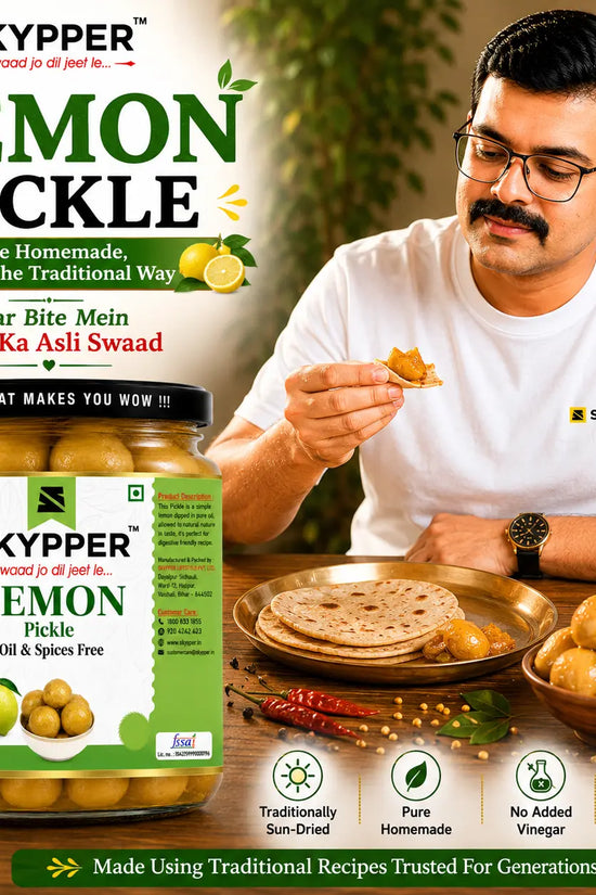 Person eating lemon pickle with Skyppper lemon pickle packaging and ingredients on a table.