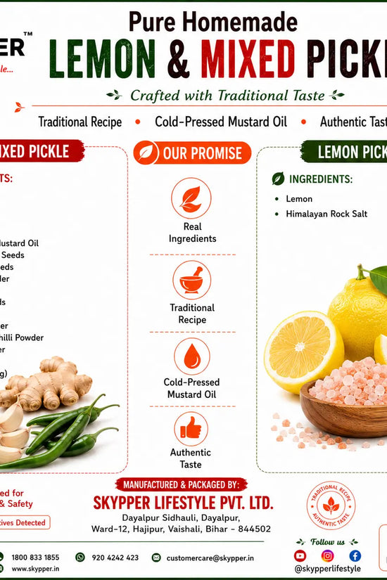 Advertisement for Skypper Pure Homemade Lemon & Mixed Pickle with ingredients and branding details.