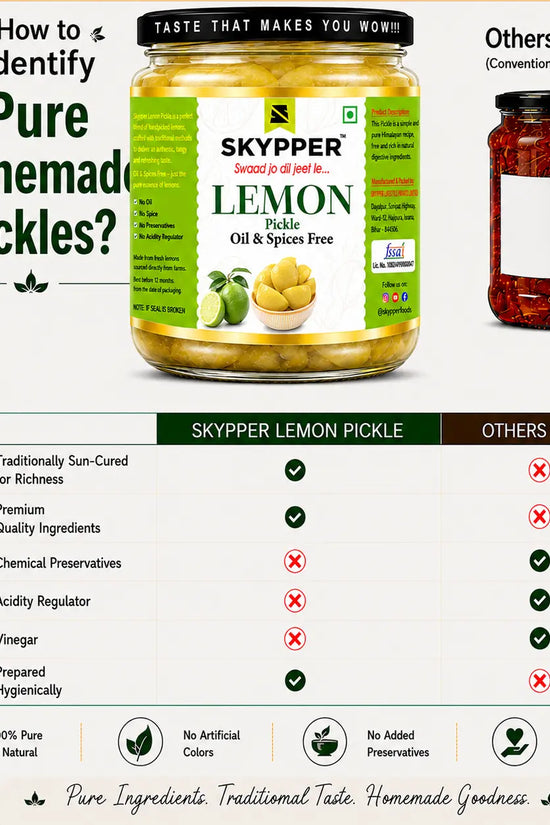 Comparison chart of Skypper lemon pickle and conventional pickles with features highlighted.