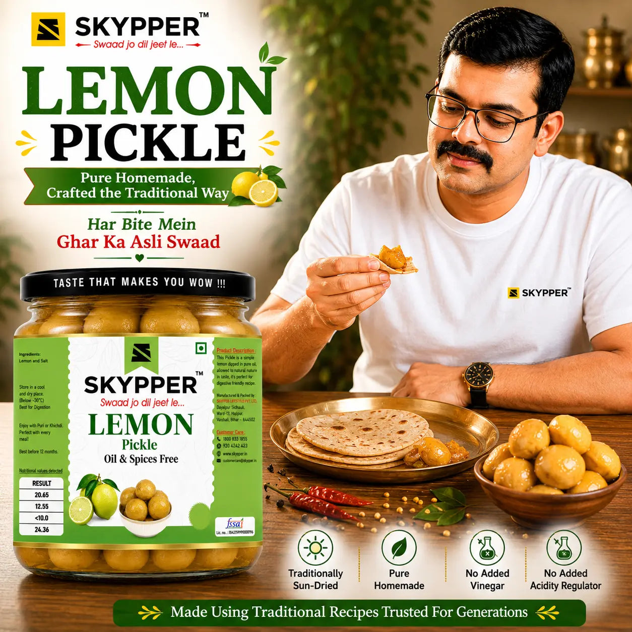 Person eating lemon pickle with Skyppper lemon pickle packaging and ingredients on a table.